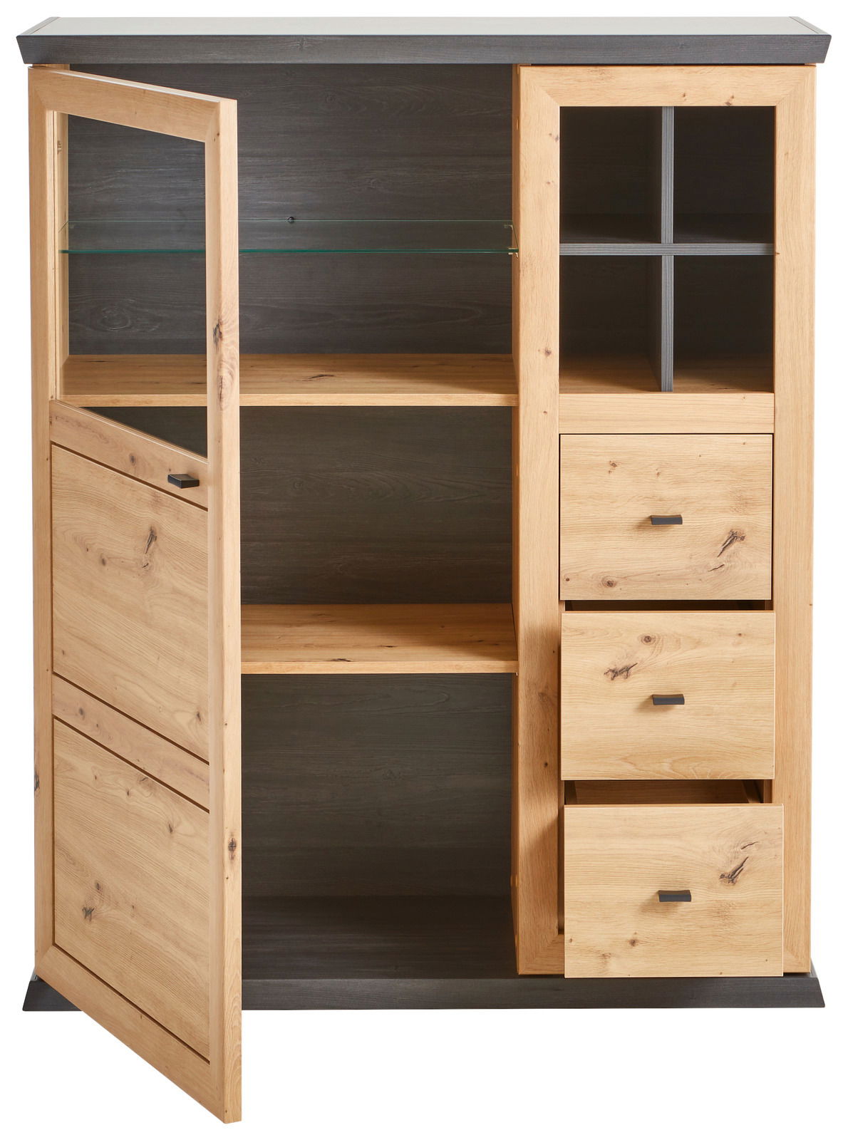 Highboard aus Holz mit offenen und geschlossenen Fächern, Schubladen und Glaseinlegeboden, frontale Ansicht.