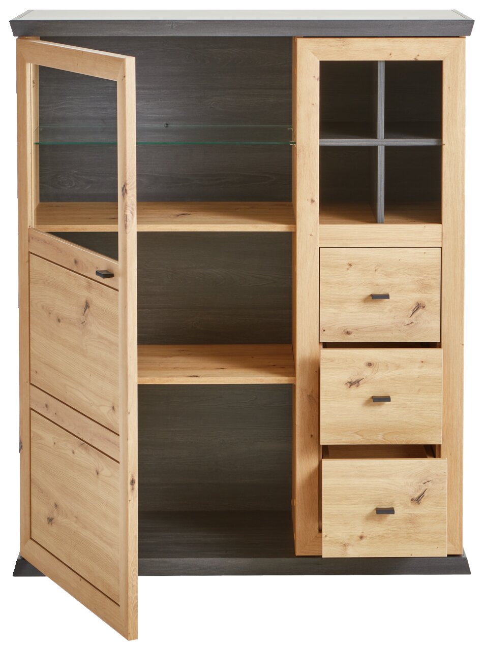Houten hoogkast met open en gesloten vakken, lades en glazen legplanken, gezien van voren.