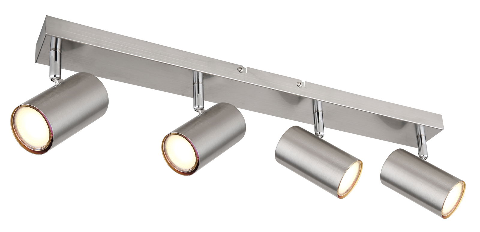 Moderner Strahler mit vier zylindrischen Leuchten in gebürstetem Metall, seitliche Perspektive.
