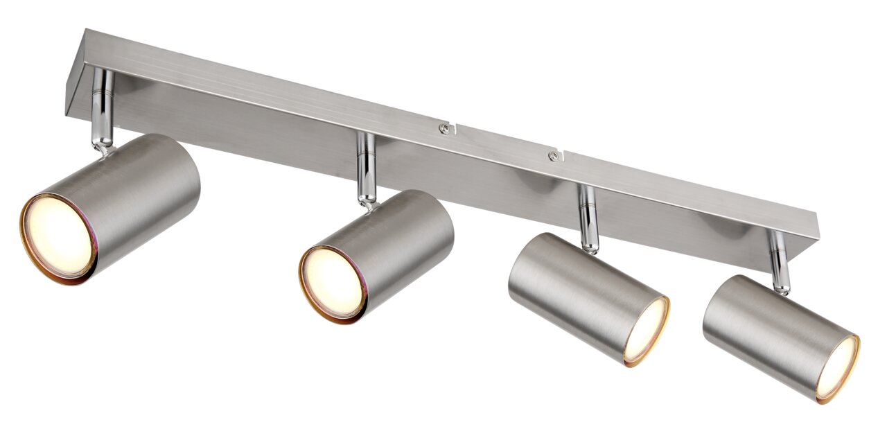 Moderne spot met vier cilindervormige lampen van geborsteld metaal, gezien vanaf de zijkant.