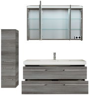 Badblock-Set mit grauen Holzschränken, bestehend aus einem hohen Schrank, einem Waschtisch mit zwei Schubladen und einem Spiegelschrank mit Glasregalen, Frontalansicht.