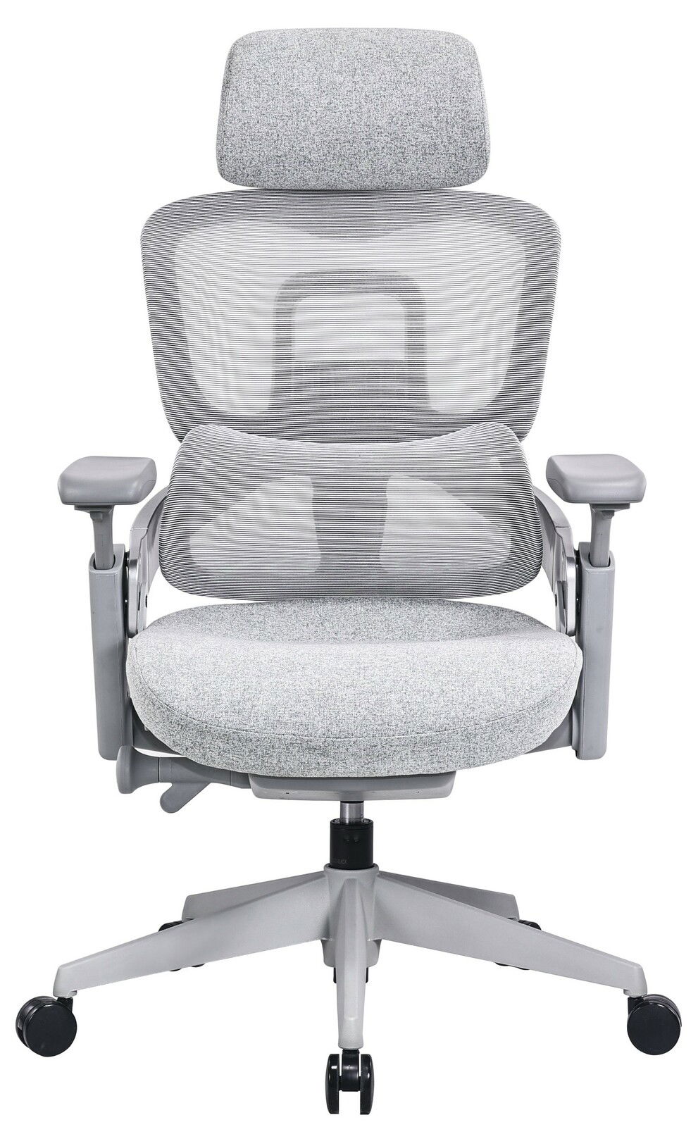 Grauer ergonomischer Drehstuhl mit Netzrückenlehne und Kopfstütze, Frontalansicht