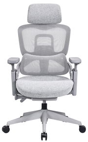 Grauer ergonomischer Drehstuhl mit Netzrückenlehne und Kopfstütze, Frontalansicht