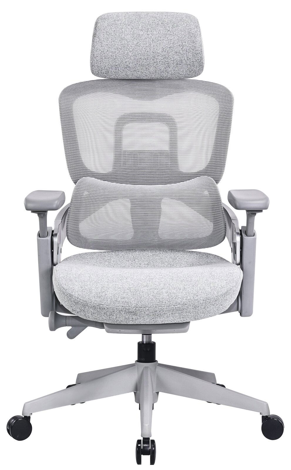 Grauer ergonomischer Drehstuhl mit Netzrückenlehne und Kopfstütze, Frontalansicht