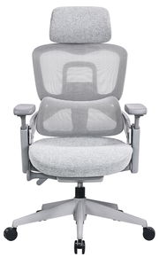 Grauer ergonomischer Drehstuhl mit Netzrückenlehne und Kopfstütze, Frontalansicht