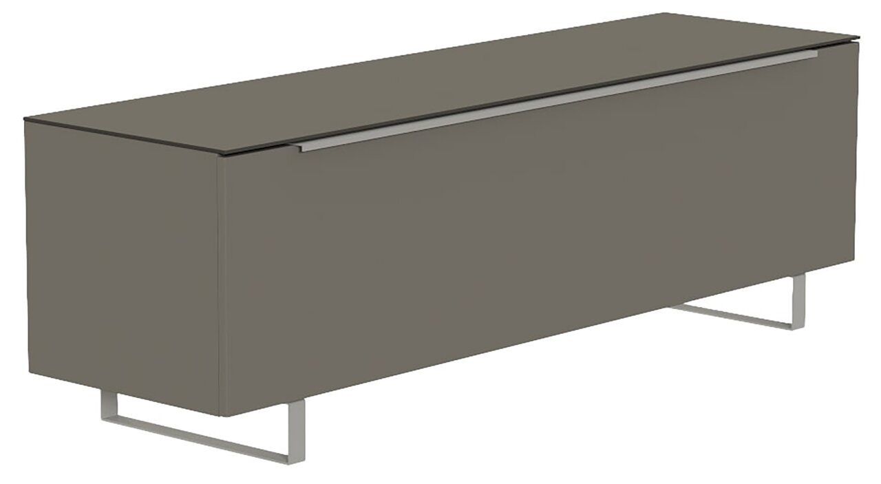 Modernes TV-Lowboard in grauer Farbe mit Metallbeinen, seitliche Perspektive