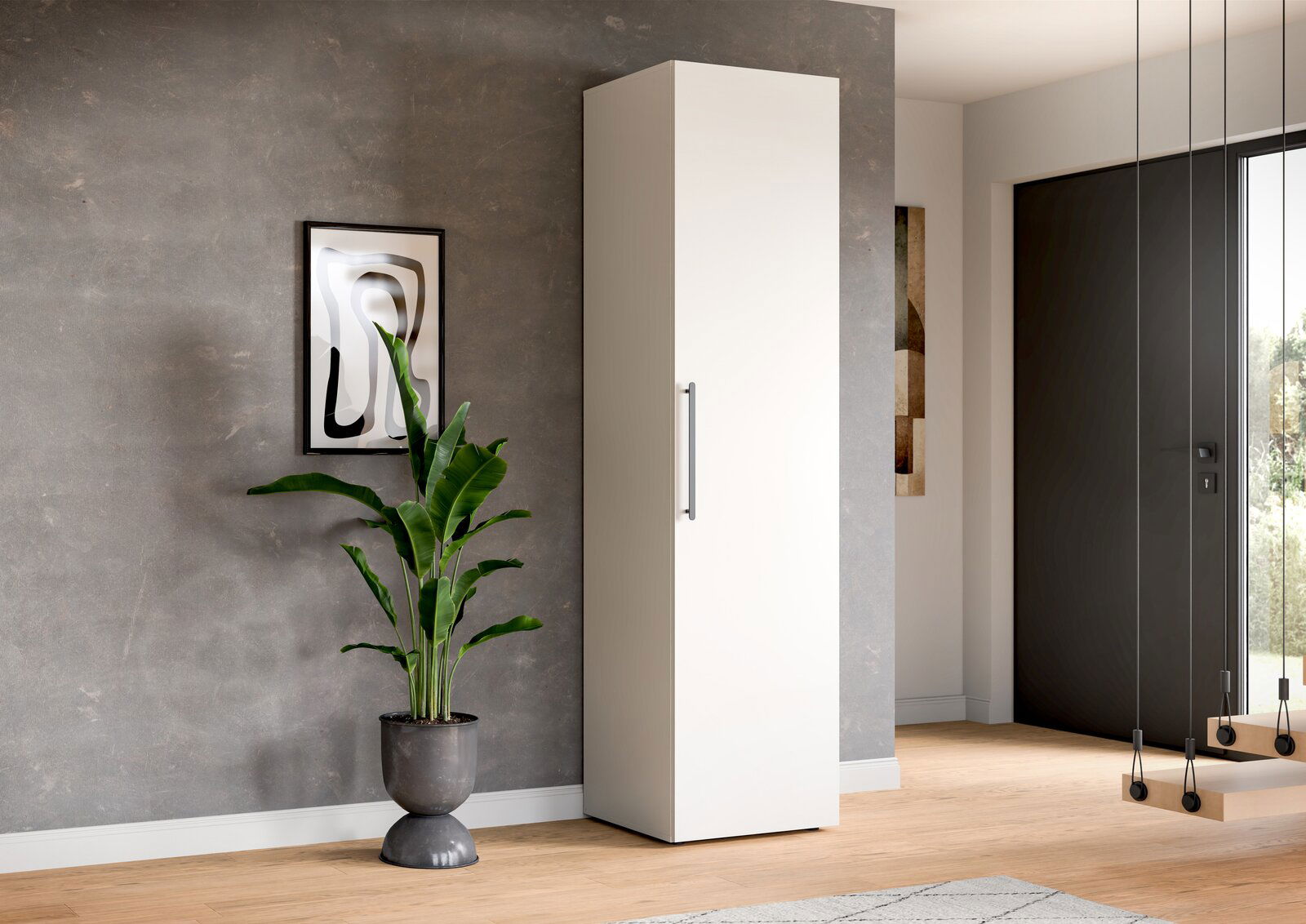 XORA Garderobenschrank HAMBURG Moderner weißer Garderobenschrank in einem stilvollen Flur, seitliche Perspektive