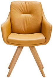 Moderner Armlehnstuhl in senfgelbem Leder mit Holzbeinen, Frontalansicht