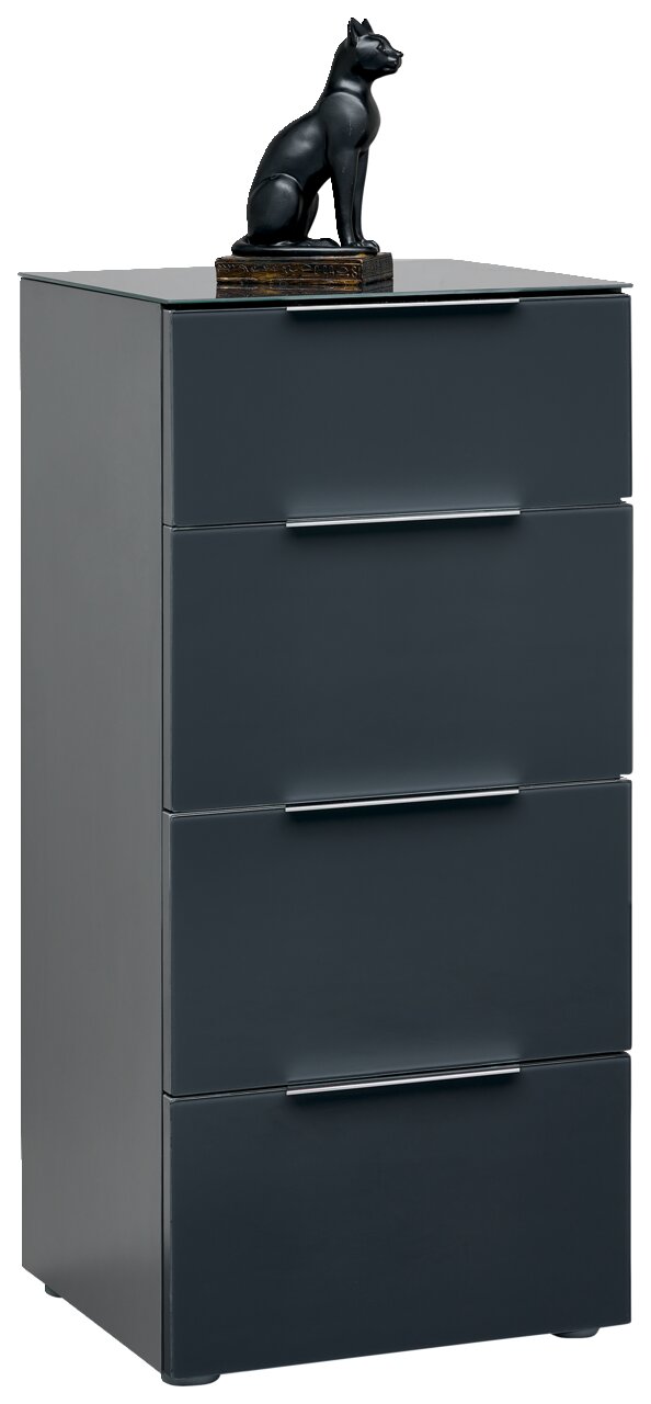 Voleo Hochkommode MALIN Hochkommode in dunklem Grau mit vier Schubladen, darauf eine schwarze Katzenfigur. Perspektive: leicht von vorne.