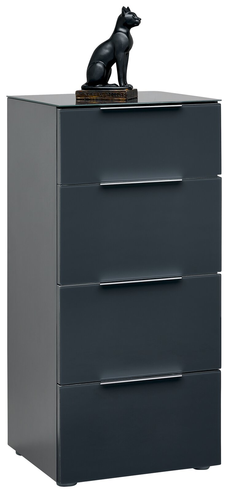 Hochkommode in dunklem Grau mit vier Schubladen, darauf eine schwarze Katzenfigur. Perspektive: leicht von vorne.