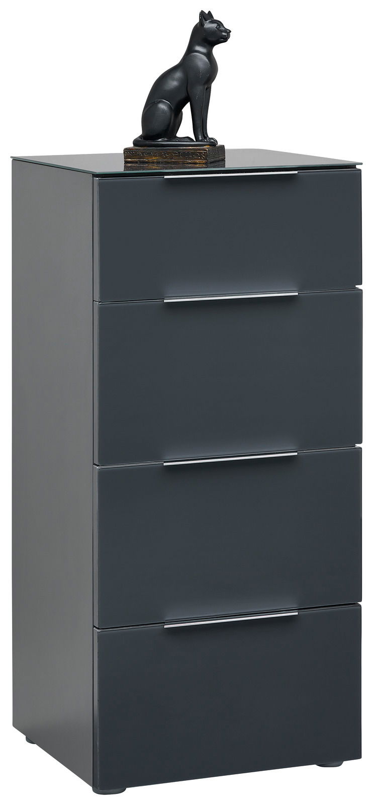 Hochkommode in dunklem Grau mit vier Schubladen, darauf eine schwarze Katzenfigur. Perspektive: leicht von vorne.