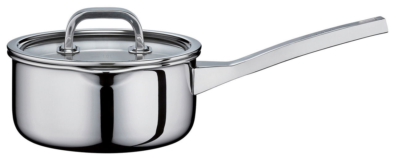 Stieltopf mit Glasdeckel, 1,4 Liter, aus Edelstahl, seitliche Perspektive