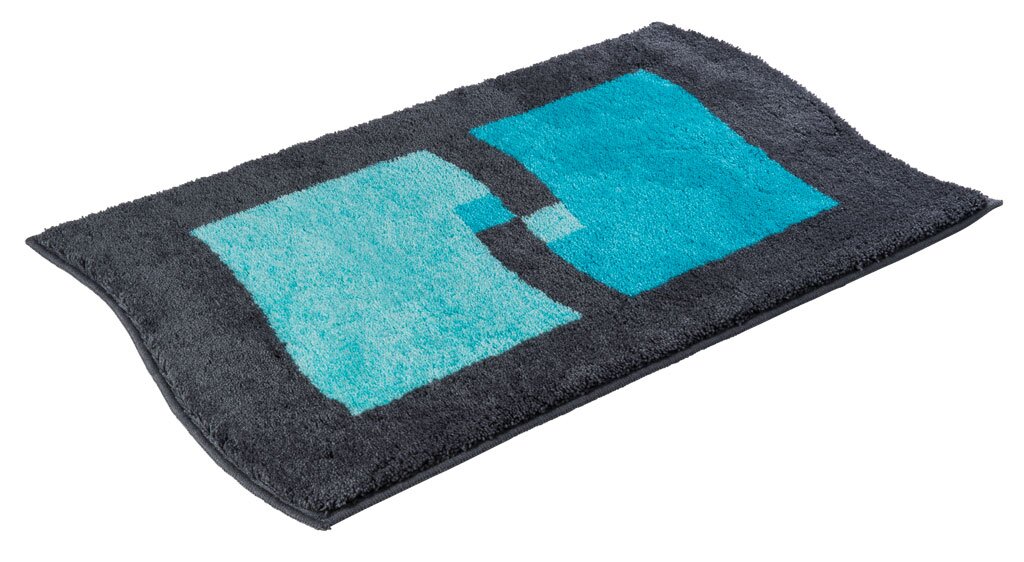 Badteppich Betty 55x60cm in rechteckiger Form mit modernem Design in Blau- und Grautönen, seitliche Perspektive