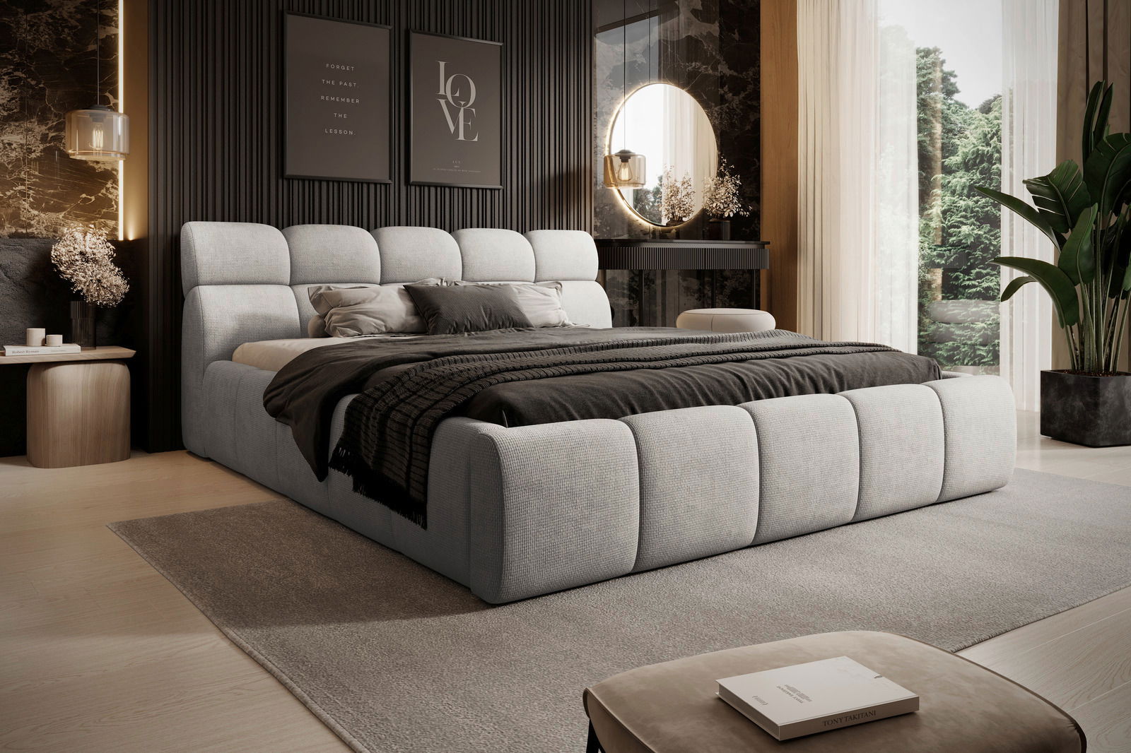 Modernes Polsterbettgestell in einem stilvollen Schlafzimmer, seitliche Perspektive