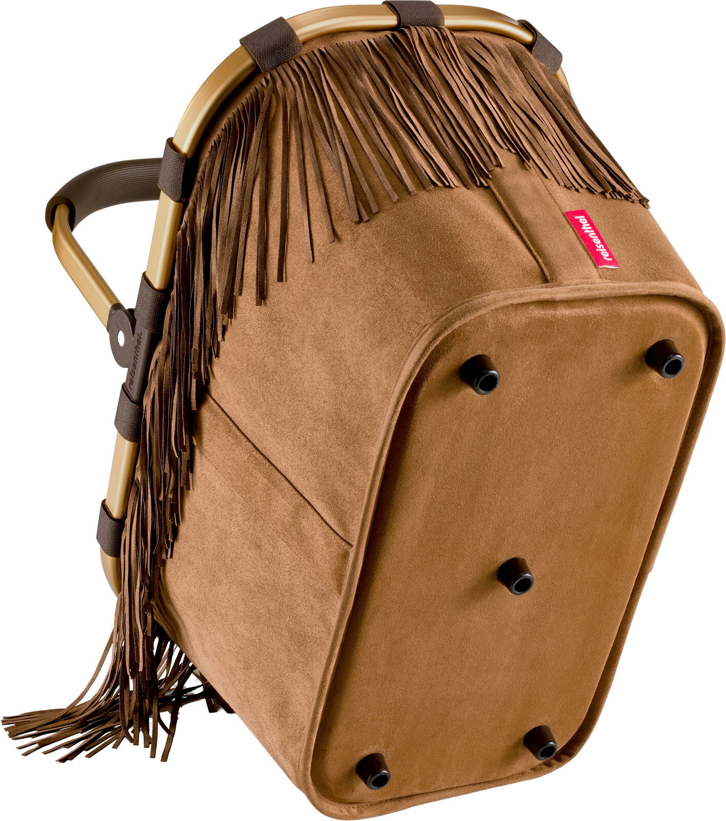 Braune Reisenthel-Tasche aus Veloursleder-Optik mit Fransen und goldfarbenem Metallrahmen, Ansicht schräg von unten auf die Unterseite mit Standfüßen