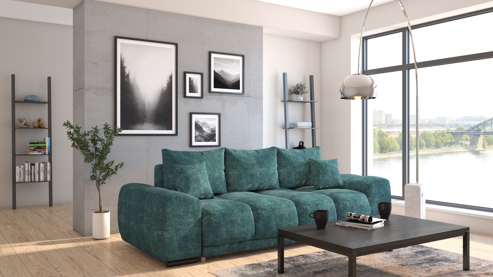 Modernes Funktionssofa in einem stilvollen Wohnzimmer mit großen Fenstern und Stadtblick, aus der Perspektive von vorne links.
