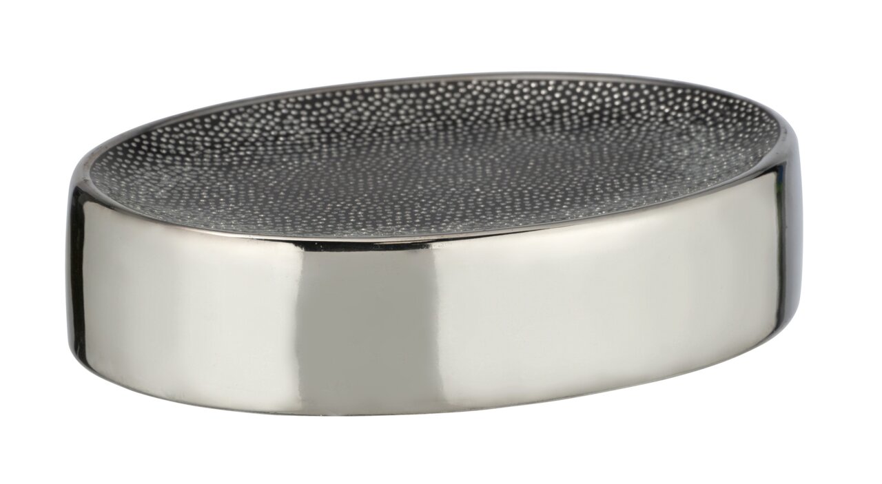 Silberne Seifenablage Modell Nuria in ovaler Form mit strukturierter Oberfläche, seitliche Perspektive