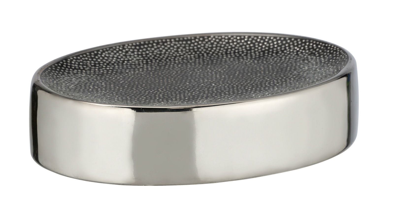 Silberne Seifenablage Modell Nuria in ovaler Form mit strukturierter Oberfläche, seitliche Perspektive