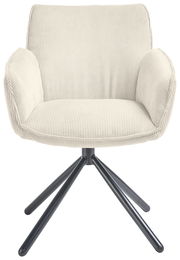 Frontansicht eines Armlehnstuhls mit hellem Stoffbezug und schwarzem Metallgestell.