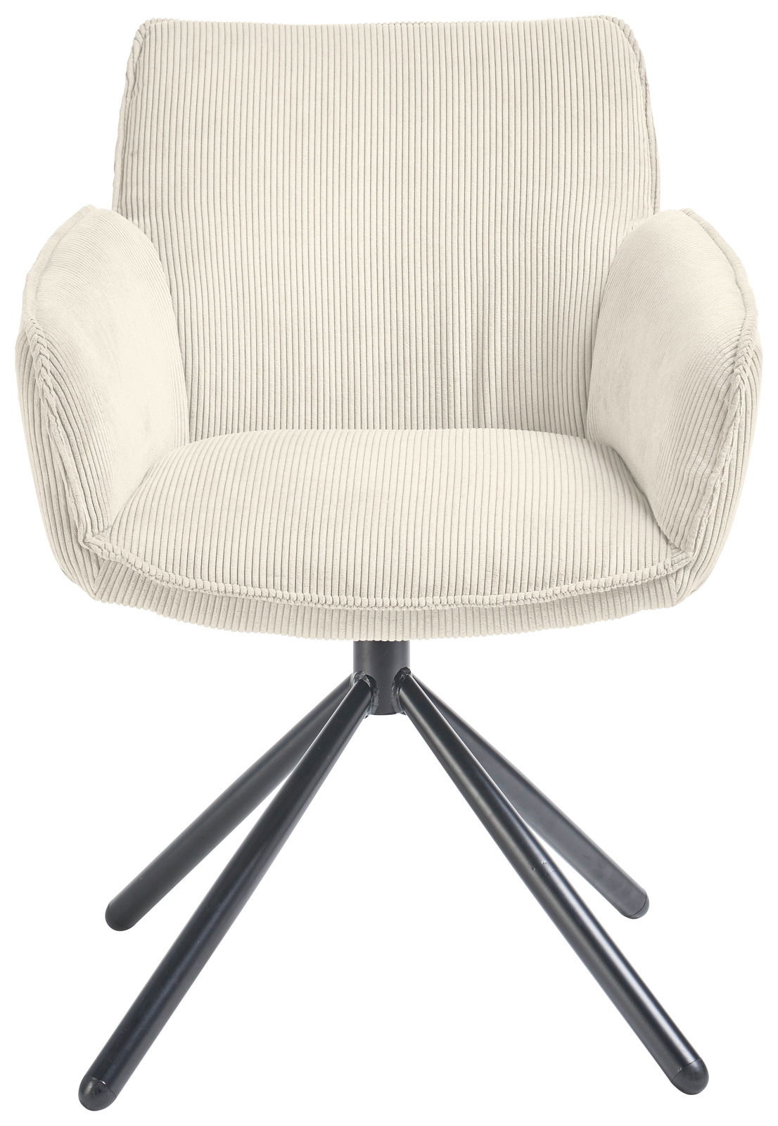 Frontansicht eines Armlehnstuhls mit hellem Stoffbezug und schwarzem Metallgestell.