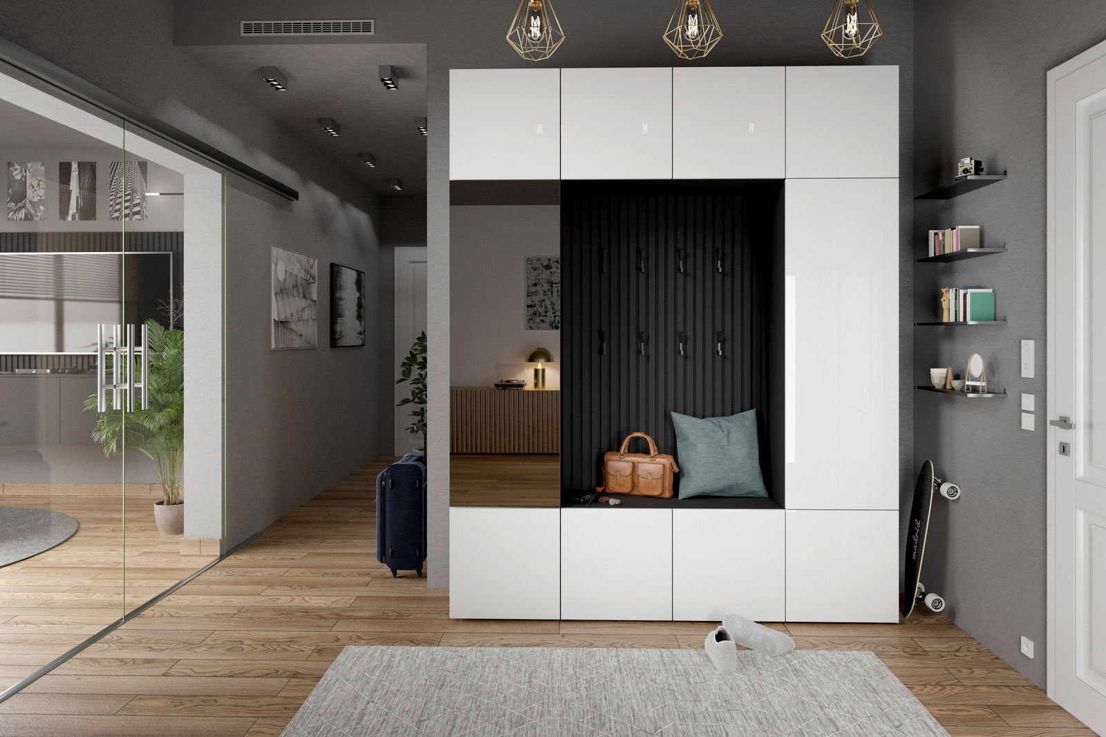 Moderner Eingangsbereich mit weißem Dekopaneel-Set, Sitzbank und Stauraum, seitliche Perspektive.