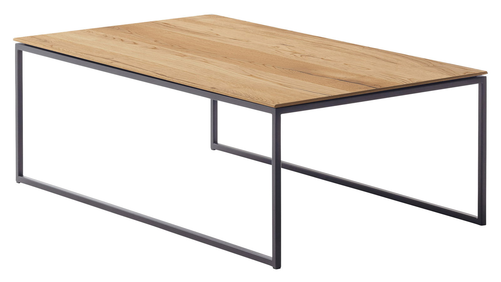 Moderner Couchtisch mit Holzplatte und schwarzem Metallgestell, seitliche Perspektive