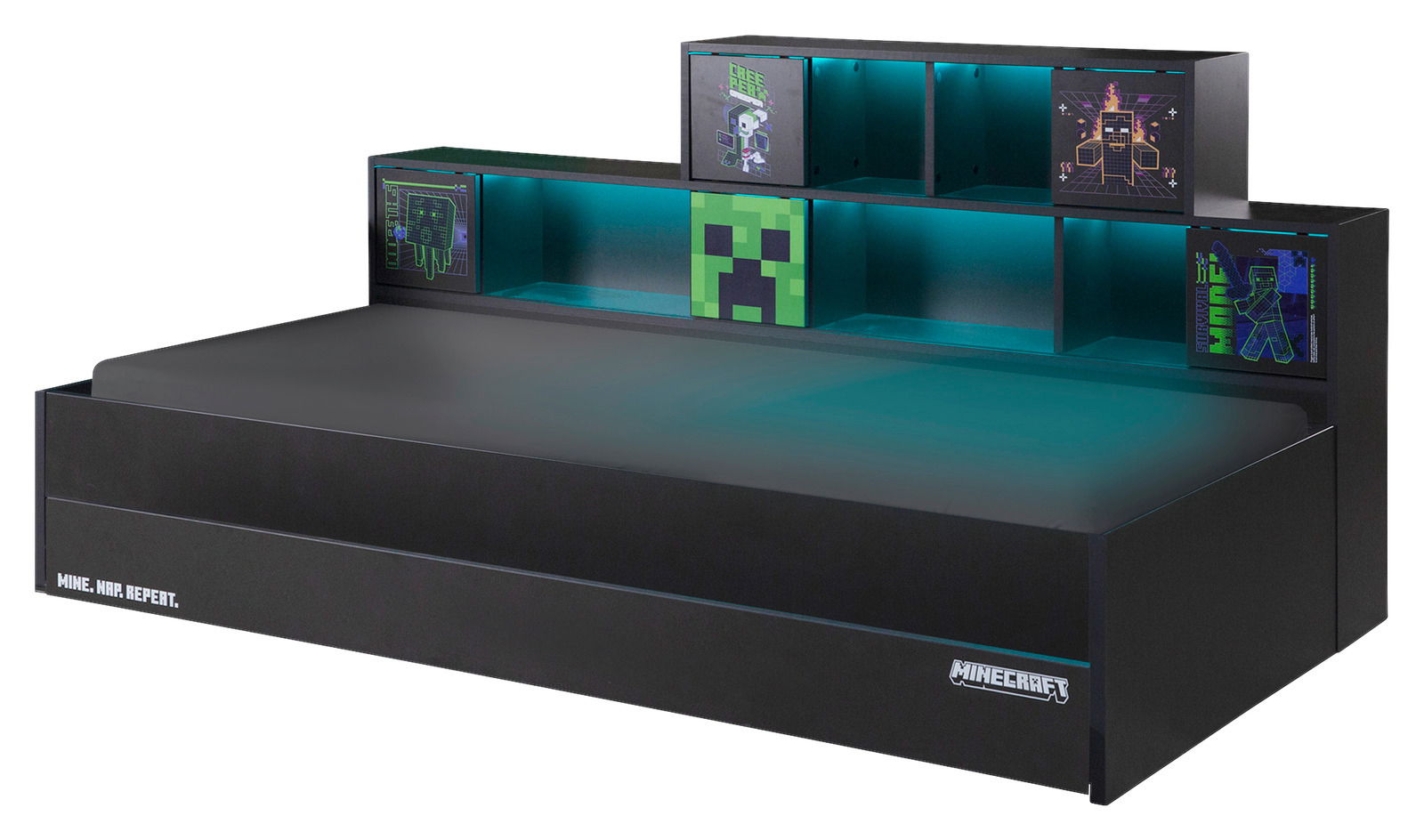 Schwarzes Jugendbett mit Minecraft-Motiven und integrierter Regalwand, seitliche Perspektive