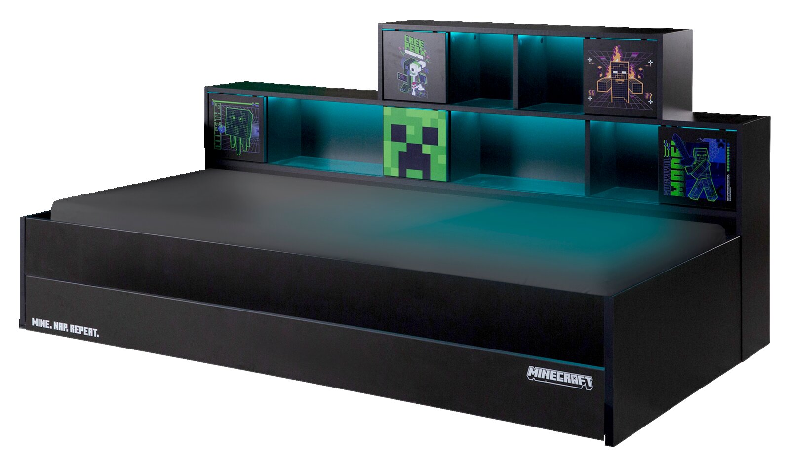 Zwart jeugdbed met Minecraft-motieven en ingebouwde boekenkast, zijaanzicht