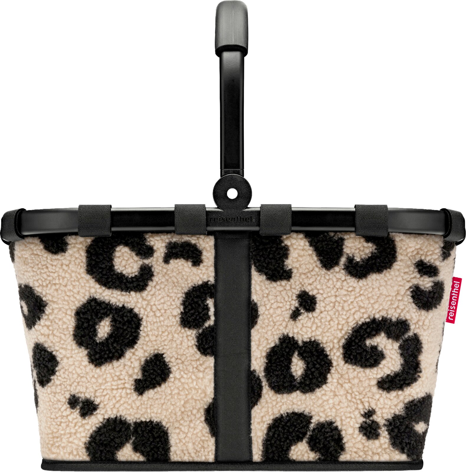 Vorderansicht eines reisenthel Einkaufskorbs aus teddyartigem Stoff in Beige mit schwarzem Leo-Print, schwarzem Rahmen und klappbarem Griff vor weißem Hintergrund