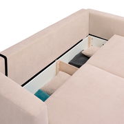 Detailansicht des Z2 Funktionssofas PONTE in beige mit geöffneter Stauraumfunktion, von oben betrachtet.