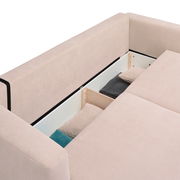 Detailansicht des Z2 Funktionssofas PONTE in beige mit geöffneter Stauraumfunktion, von oben betrachtet.