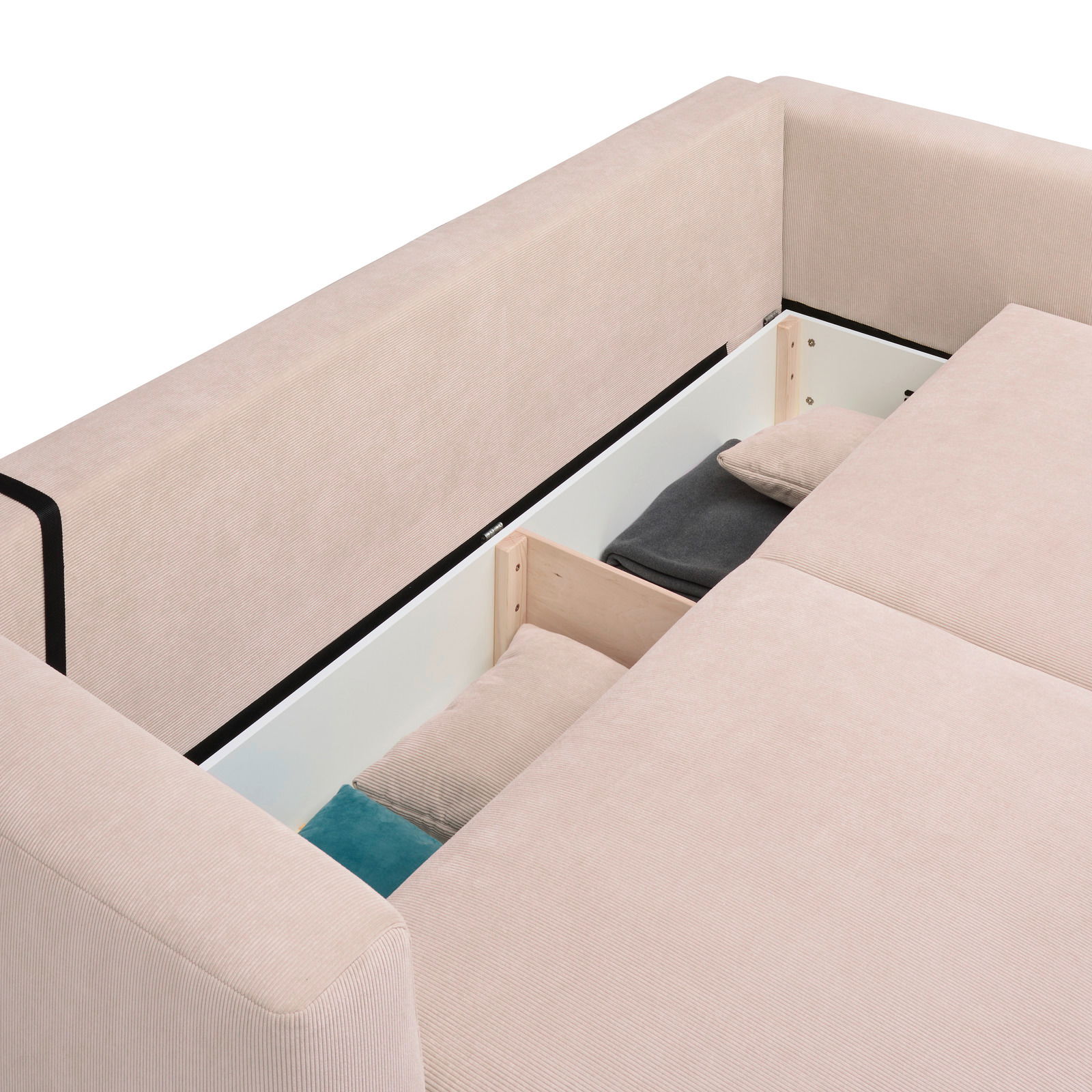Detailansicht des Z2 Funktionssofas PONTE in beige mit geöffneter Stauraumfunktion, von oben betrachtet.