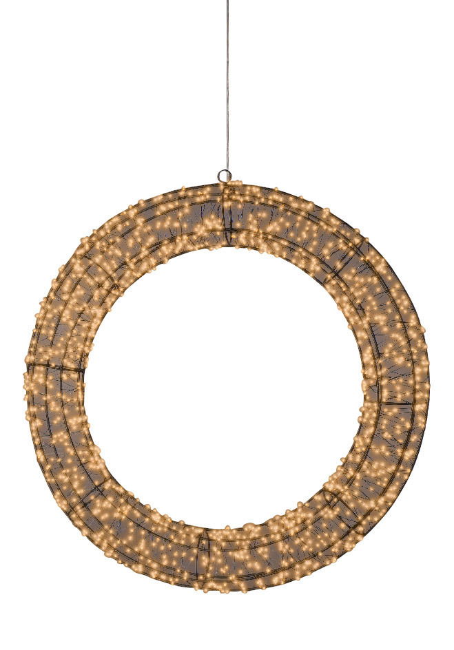Lumineo LED-Kranz X-MAS Ø58cm mit 1440 LED``s LED-Kranz mit warmweißen Lichtern, frontal betrachtet, aufgehängt an einem dünnen Kabel.