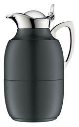 Schwarze Isolierkanne Juwel mit glänzendem Deckel und Griff, seitliche Perspektive