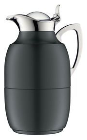 Schwarze Isolierkanne Juwel mit glänzendem Deckel und Griff, seitliche Perspektive