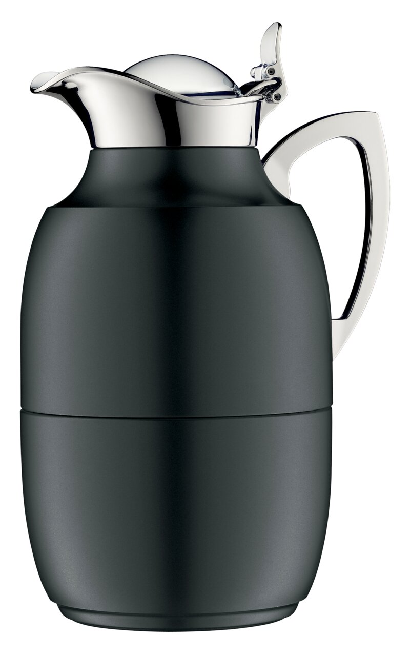 Schwarze Isolierkanne Juwel mit glänzendem Deckel und Griff, seitliche Perspektive