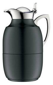 Schwarze Isolierkanne Juwel mit glänzendem Deckel und Griff, seitliche Perspektive