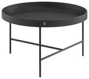 Runder Couchtisch aus schwarzem Holz mit Metallgestell, seitliche Perspektive