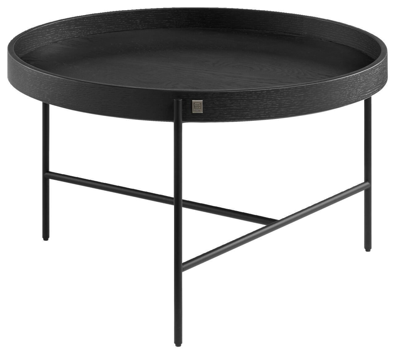 Runder Couchtisch aus schwarzem Holz mit Metallgestell, seitliche Perspektive