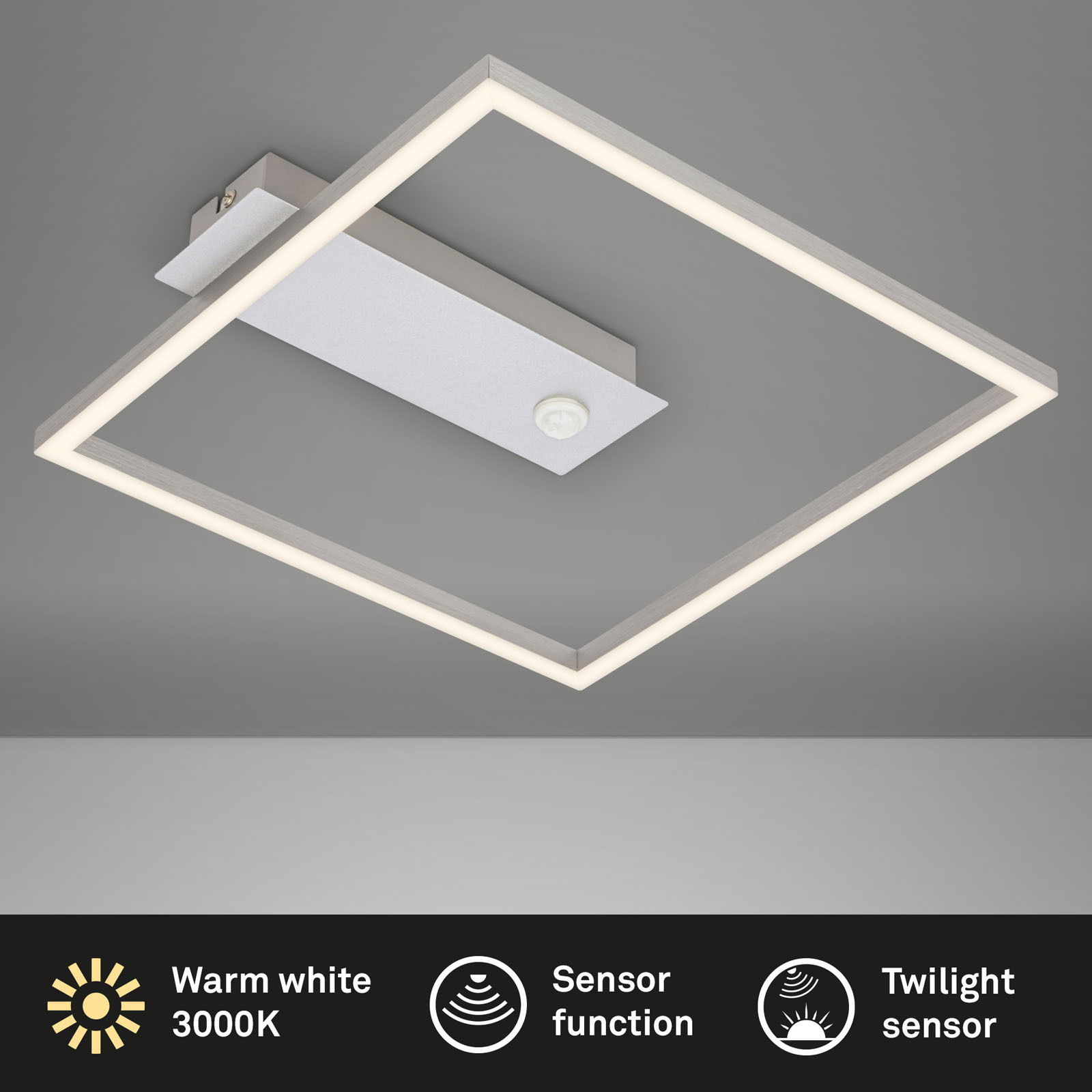 Moderne LED-Deckenleuchte mit quadratischem Rahmen, Sensorfunktion und warmweißem Licht, Perspektive von unten.