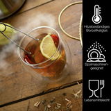 Ein doppelwandiges Glas aus hitzebeständigem Borosilikatglas mit Tee und einer Zitronenscheibe, auf einem Holztisch von oben fotografiert. Symbole zeigen, dass es spülmaschinengeeignet und lebensmittelecht ist.