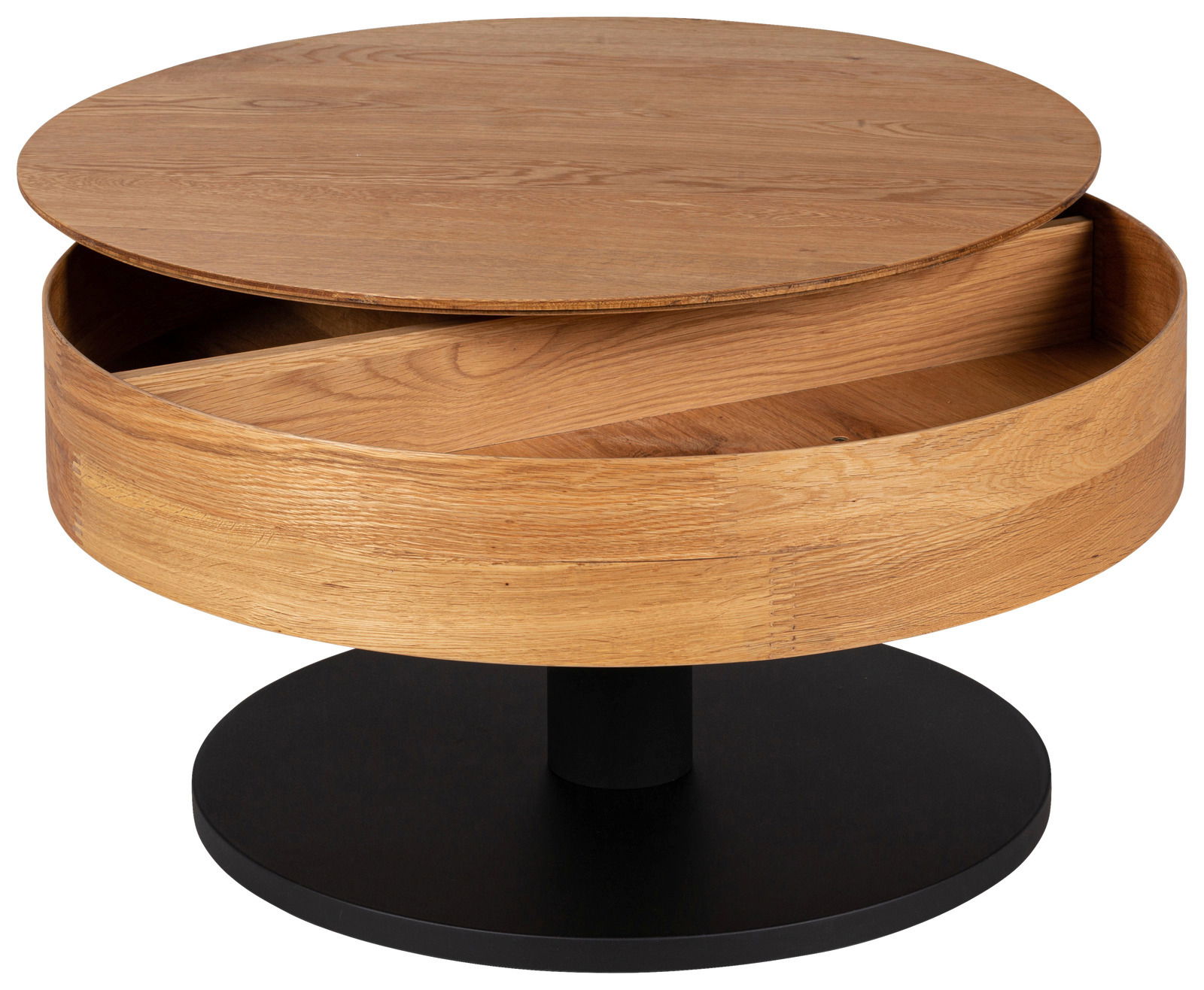 Waldwelt Couchtisch LENA Runder Couchtisch aus Holz mit drehbarer Tischplatte und Stauraum, seitliche Perspektive