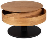 Runder Couchtisch aus Holz mit drehbarer Tischplatte und Stauraum, seitliche Perspektive