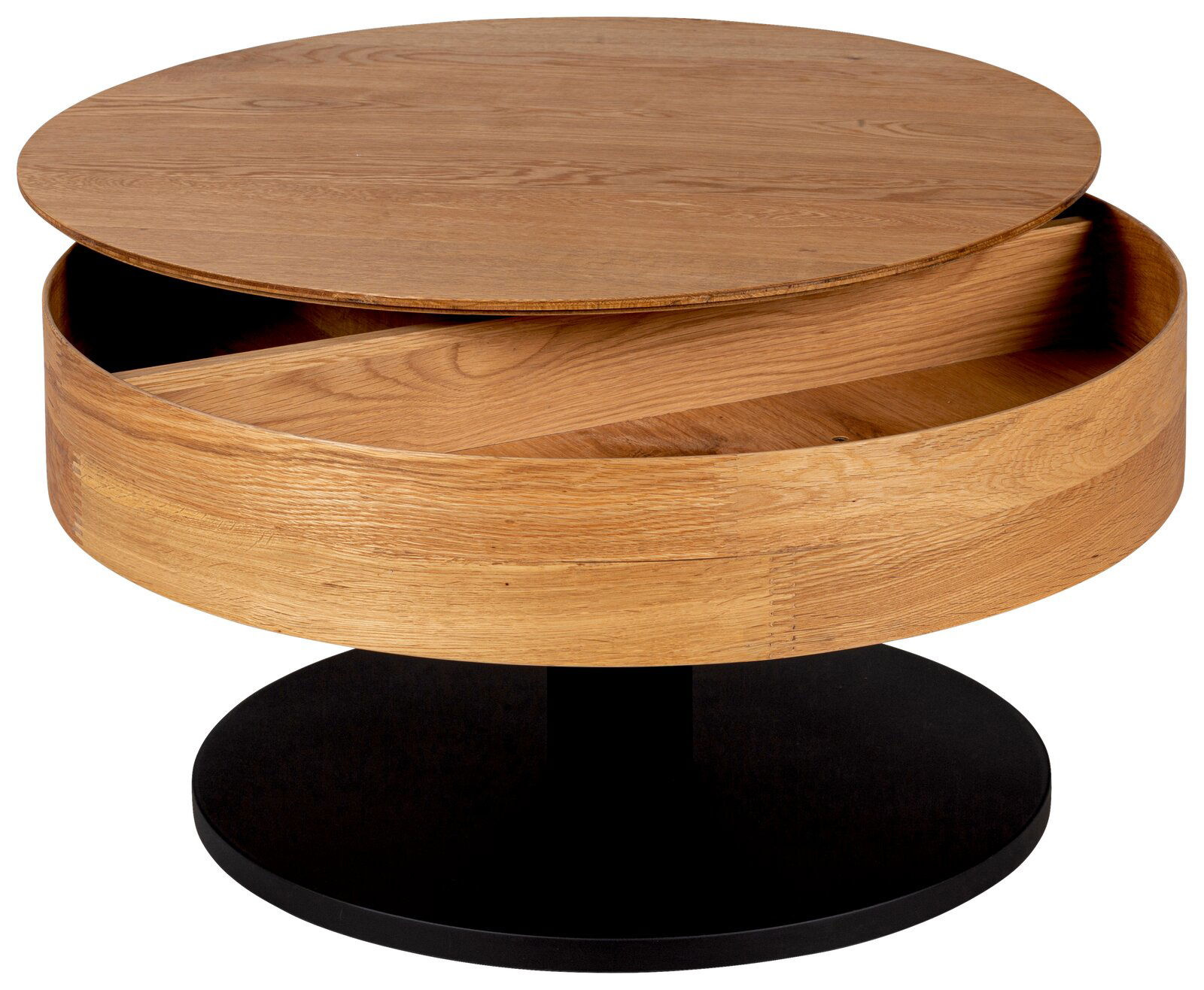 Runder Couchtisch aus Holz mit drehbarer Tischplatte und Stauraum, seitliche Perspektive