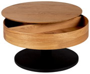 Runder Couchtisch aus Holz mit drehbarer Tischplatte und Stauraum, seitliche Perspektive