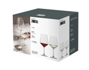 Verpackung des Kelchglassets Tulip 8-tlg. von Schott Zwiesel, mit Abbildungen von Rot- und Weißweingläsern, perspektivisch von vorne links.