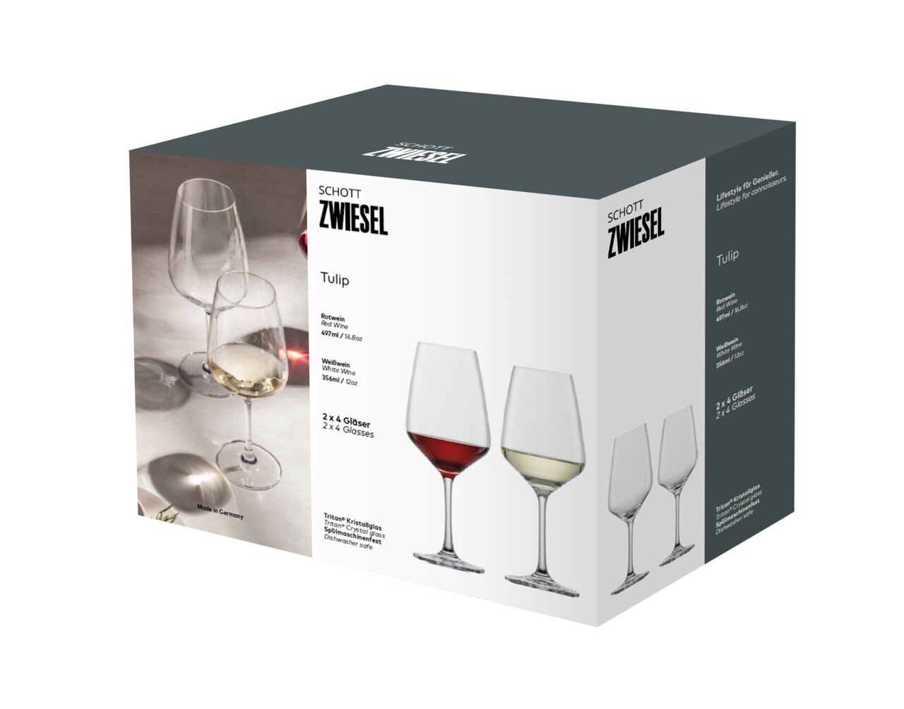 Verpackung des Kelchglassets Tulip 8-tlg. von Schott Zwiesel, mit Abbildungen von Rot- und Weißweingläsern, perspektivisch von vorne links.
