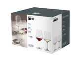 Verpackung des Kelchglassets Tulip 8-tlg. von Schott Zwiesel, mit Abbildungen von Rot- und Weißweingläsern, perspektivisch von vorne links.