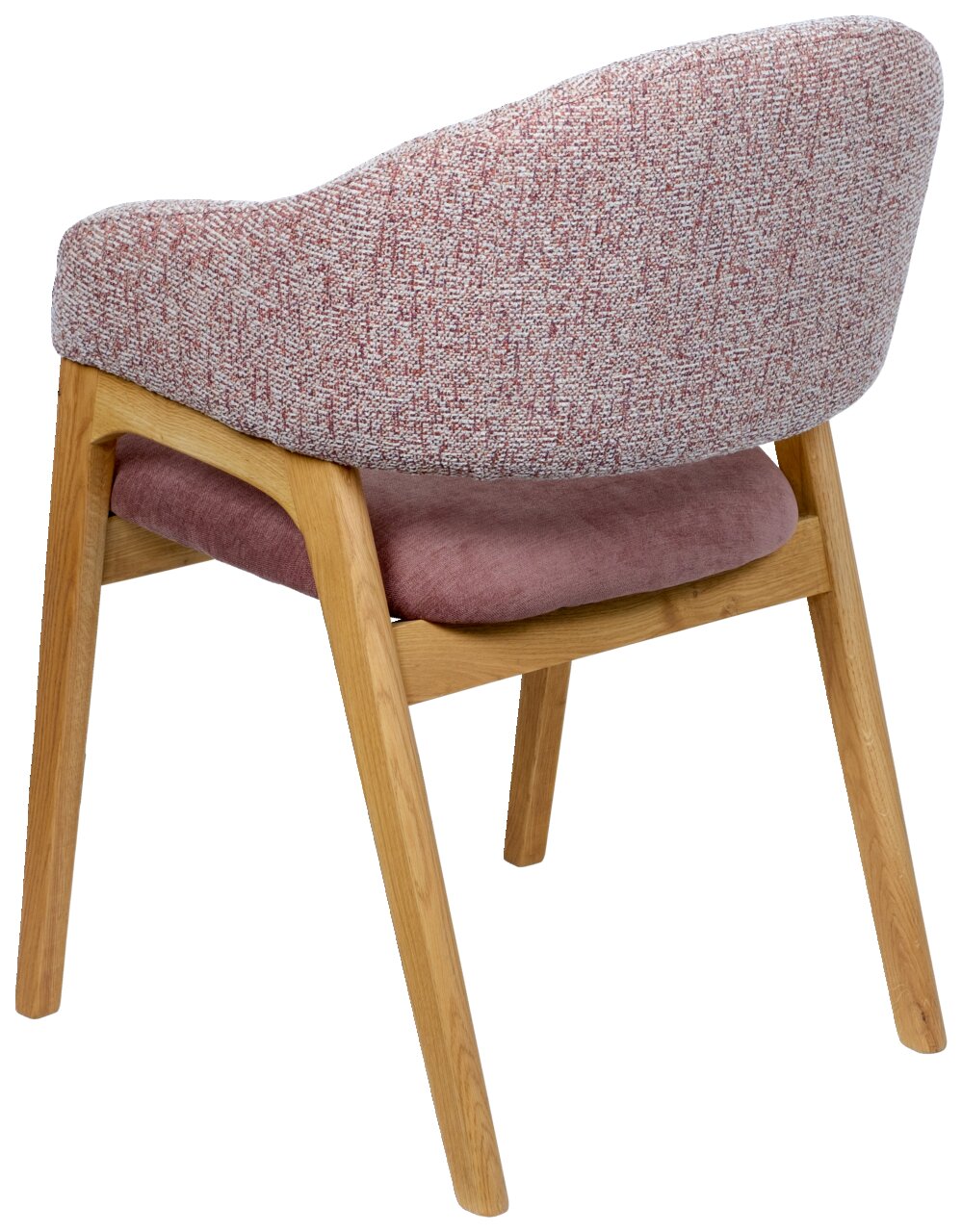 Rückansicht eines Armlehnstuhls mit rosa gepolsterter Sitzfläche und Rückenlehne, Holzbeine