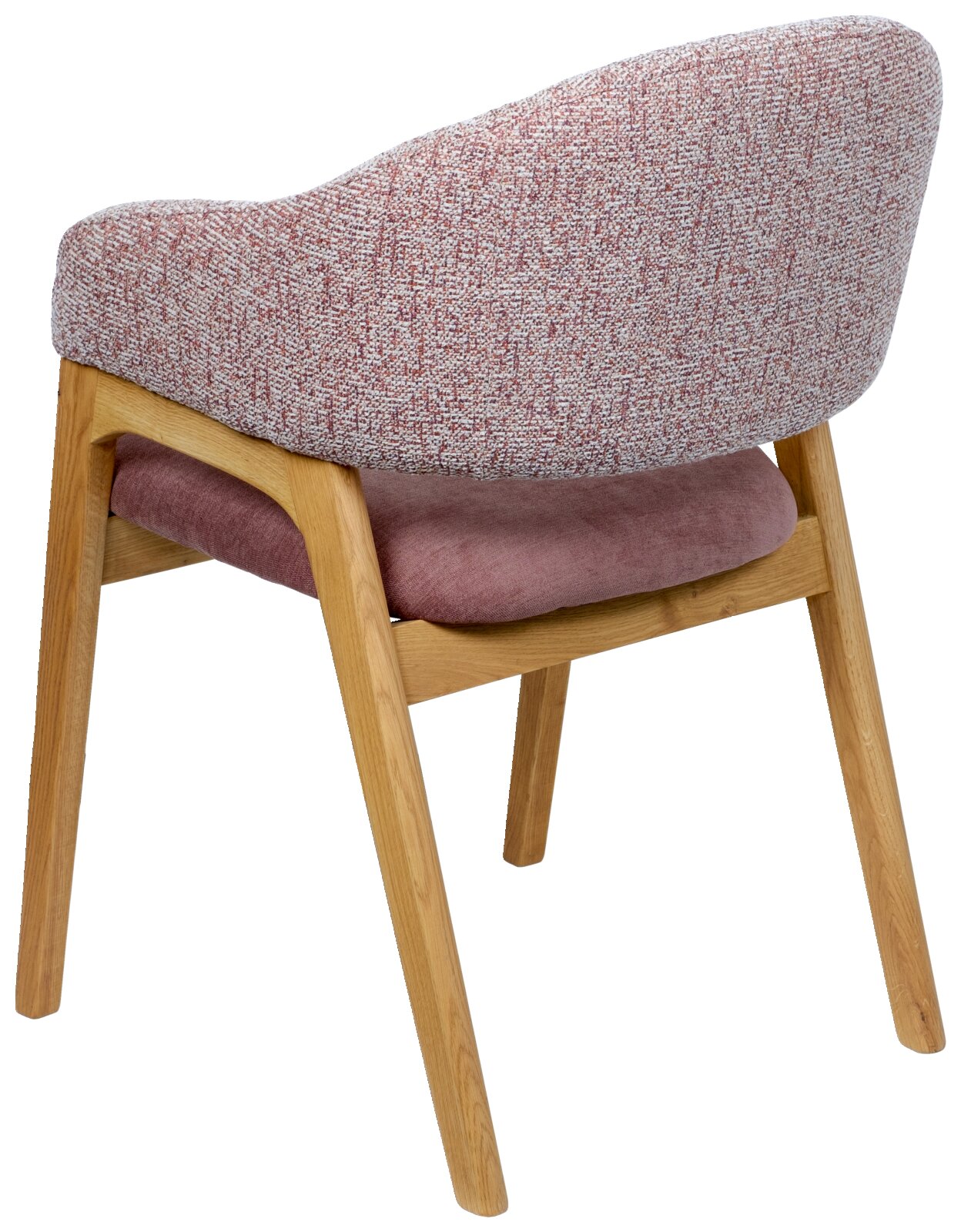 Achterkant van een fauteuil met een roze gestoffeerde zitting en rugleuning, houten poten